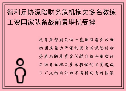 智利足协深陷财务危机拖欠多名教练工资国家队备战前景堪忧受挫