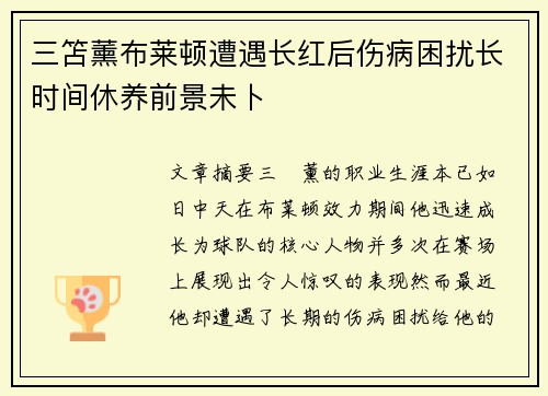 三笘薰布莱顿遭遇长红后伤病困扰长时间休养前景未卜